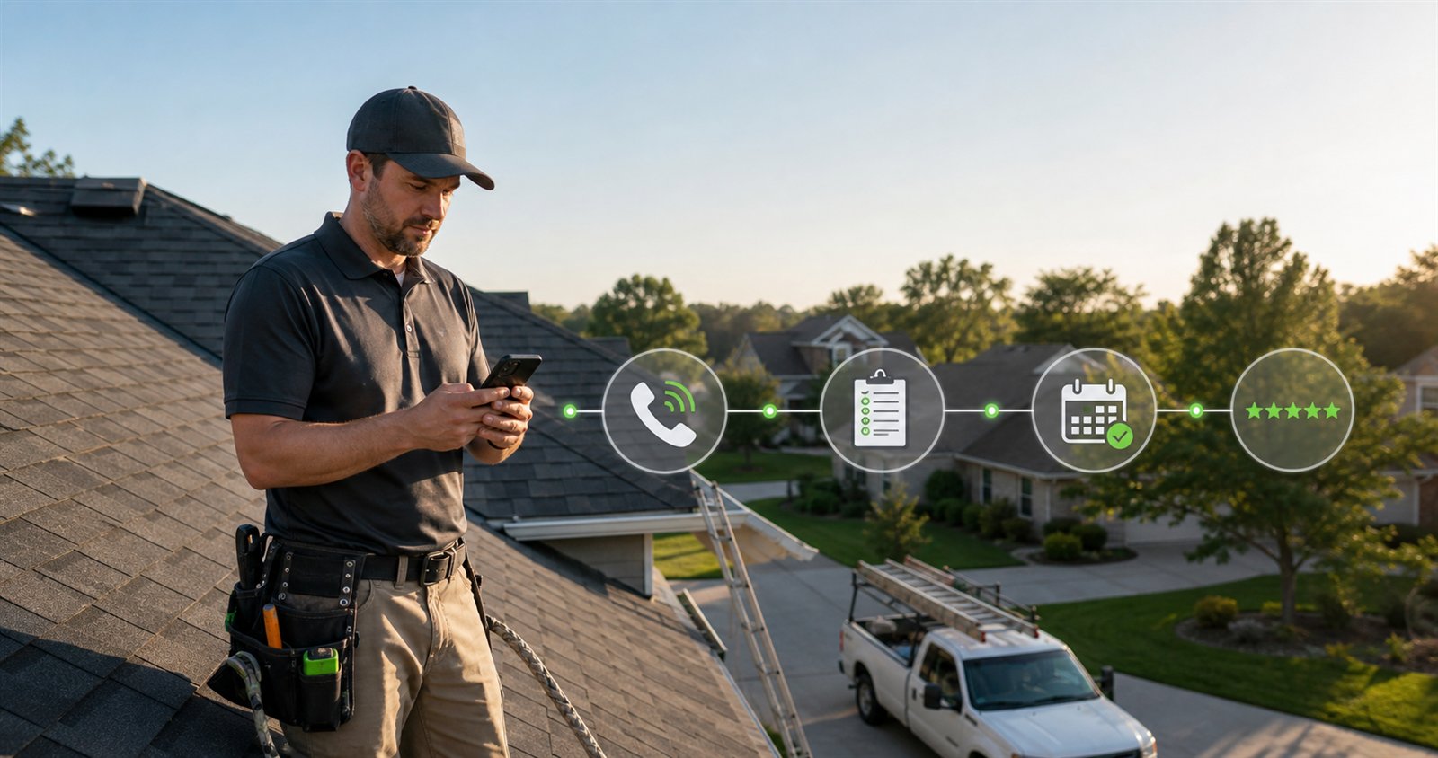 Roofing contractor using a CRM workflow for calls, estimates, scheduling, and reviews